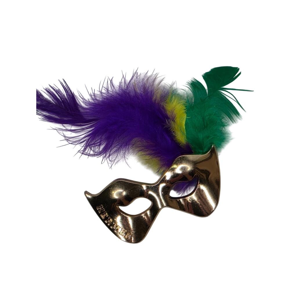 Vintage Mardi Gras Mask Brooch Pin Hermes Gold Tone w/ Feathers 2 Inch